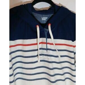 Lands End Large Hooded Sweatshirt Pullover Pockets Womens Striped Navy Red